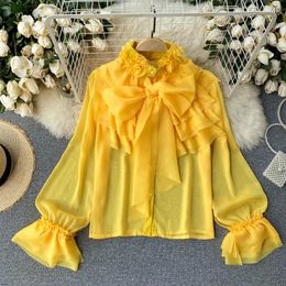 Women's Blouses European American Retro Three-dimensional Flowers Blouse Female Round Neck Puff Sleeve Blusa Silk Scarf Ruffled Shirt C763