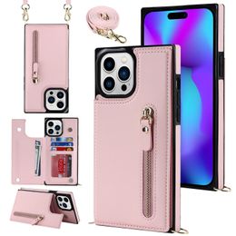 PU Leather Zipper Card Holder Wallet Cases For iPhone 14 Pro Max 13 12 11 XR XS X 8 7 Plus Shockproof Cards Slots Kickstand Phone Cover Funda for Women with shoulder strap