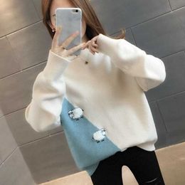 Women's Sweaters Female Sweater Long Sleeve O Neck Knitted Sweater Preppy Style Splicing Beautiful Sheep Pattern Jumpers Straight Top 2021 Autumn J220915