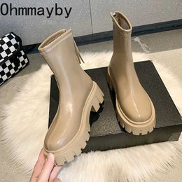 Boots 2022 Platform Women Long PU Leather Ladies Zipper Knight Thick Sole Flats Shoes Fashion Winter High Heel Knee-high Y2209
