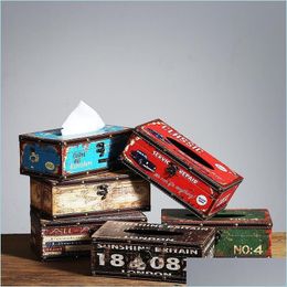 Tissue Boxes Napkins Retro Creative Container Design Iron Box Home Car Napkin Paper Wood Towel Storage Case Decor Drop Delivery 2021 Dh84R