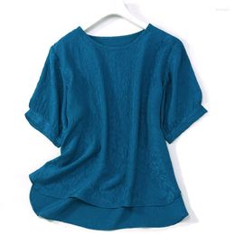 Women's Blouses 26mm Thick GuanLe Silk Blouse For Women 2022 In Royal Blue Short Puff Sleeve Shirt O-Neck Irregular Casual Summer Tops