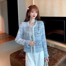 Women's Jackets Women's 2022 Blue Plaid Tweed Jacket Coat Elegant Fall Winter Women Long Sleeve Button Deco Pocket Tassel Short Chic