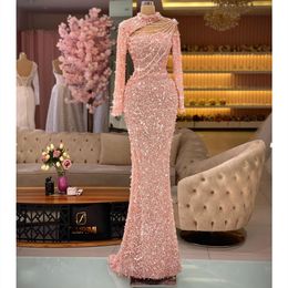 Prom Pink Long Sleeves Halter Appliques Shiny Satin Sequins Beaded Evening Dresses Lace Train Floor Length Party Gowns Plus Size Custom Made