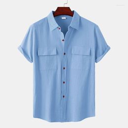 Men's Casual Shirts Double Pocket Cotton Linen Shirt Men 2022 Summer Short Sleeve Button Down Mens Beach Holiday Breathable Camisas