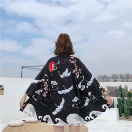Women's Jackets Women's Black Printing Kimono Cardigan Women Japanese Obi Yukata Coat Traditional Japan Clothing