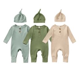 Rompers 2022 Autumn Baby Romper Knitted Long Sleeve Newborn Girls Boys Jumpsuit Outfit Solid Toddler Children Clothing And Hat Set J220922