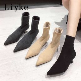 Boots Liyke Spring Autumn Casual Cosy Black Stretch Fabric Ankle Sock Women Pointed Toe Low Thin Heels Slip On Shoes Y2209