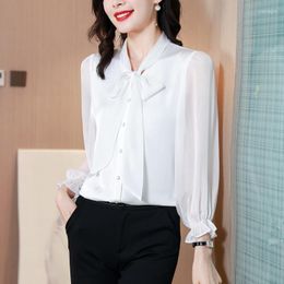 Women's Blouses Women's & Shirts Elegant Bow Collar Long Sleeve Chiffon Blouse For Women Spring Autumn Chic Solid Color Office Wear