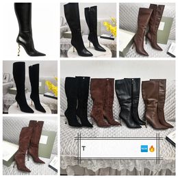 9a Üst Lüks Pompalar Kadın Cowhide Boots Açık Mekan Ayakkabıları Yüksek Topuklu Kadın Seksi Süreli Toe Parti Botları Sonbahar Kış Tasarımcısı Saçlı Ayak Parçaları Slip-On Moda Boot Büyük Szie