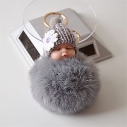 Plush Keychains Baby Doll Toy DropshipCute Sleeping Baby Doll Key Chains For Women Bag Toy Key Ring Fluffy Pom pom Faux Fur Plush Keychains 220923