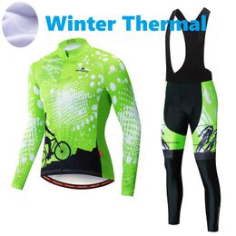 2023 Pro Mens Fluo Green Winter Cycling Jersey Set Long Sleeve Mountain Bike Cycling Clothing Breathable MTB Bicycle Clothes Wear Suit B38