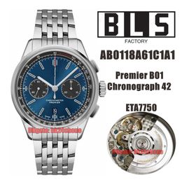 BLS Watches AB0118A61C1A1 Premier B01 Chronograph 42mm ETA7750 Automatic Chronograph Mens Watch Blue Dial Stainless Steel Bracelet Gents Wristwatches