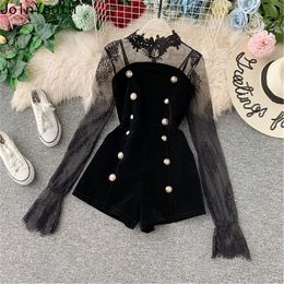 Women's Tracksuits Two Piece Outfits Lace Tulle Pullover Flare Sleeve Shorts Gold Velvet Button Black Sets Fashion Clothes Female Pants Set 220924