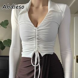 Women's T-Shirt Abdieso Solid V Neck Sexy Women T-shirt 2021 Brown Drawstring Autumn Long Sleeve Basic Casual White Tops Fashion Tee Shirt Femme T220926