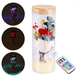 Decorative Flowers Preserved Fresh Remote Controlled RGB LED Lights Immortal Dried Rose In Glass Jar Valentine Mother's Day Wedding