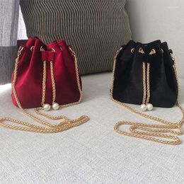 Evening Bags Pooflower Vintage Winter Soild Velour Bucket For Women Pearl Chains String Shoulder Velevt Crossbody Bag ZH554