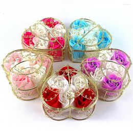 Decorative Flowers 6pcs/set Rose Soap Flower Gift Box Gold-Plated Iron Basket Artificial Roses Creative Valentine'S Day Wedding Scented