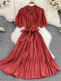 Party Dresses Stand Collar Bubble Sleeve High Waist Slim A-Line Pleated Dress Fashion Casual Elegant Short Sash Tie Up DressesParty