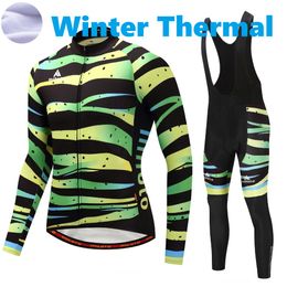 2023 Pro Mens Stripe Green Winter Cycling Jersey Set Long Sleeve Mountain Bike Cycling Clothing Breathable MTB Bicycle Clothes Wear Suit B37