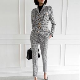 Women's Two Piece Pants Women's 2pcs Black White Plaid Matching Outfits Women Lady Office Business Uniform Blazer Suit Set Work