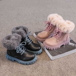 Boots Winter Faux Fur Kids Boots Solid Plush Warm Zip Ankle Shoe For Children Girl Thicken PU Leather Anti Slip Girls Fashion T220925