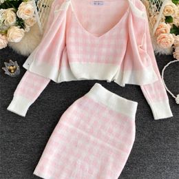 Two Piece Dress Korean Sweet Knit Plaid Cardigans Camisole Skirts 3pcs Sets Girls Short Sweater Coat Vest Mini Skirt Suits Women Outfits 220924