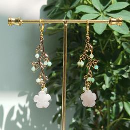 Dangle Earrings Lii Ji Natural Rose Quartz Chrysoprase Leaves Handmade Stainless Steel Gold Plated Fashion Jewellery For Women