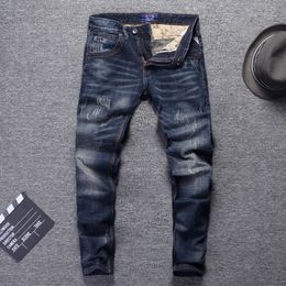 Men's Jeans Italian Style Fashion Retro Dark Blue Elastic Cotton Slim Fit Ripped Streetwear Vintage Designer Denim Pants 220923