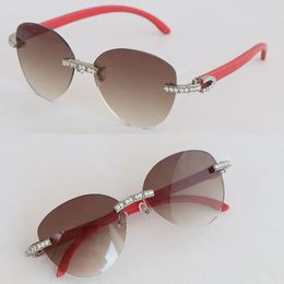 Large Round Luxury Big Stones Diamond Set Sunglasses Womans Designer Red Wood Men Famous 3524012 Design Classical Model Wooden Rimless Sun Glasses Eyewear lunettes