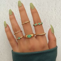 Bohemian 6 Pcs Green Crystal Ring Set for Women Girls 2022 Trend Wave Finger Rings Boho Jewellery Gift