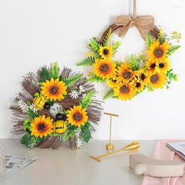 Decorative Flowers Artificial Sunflower Wreath Hanging Door Wall Hand-Woven Wire Home Garden Party Decoration Entryway Decor