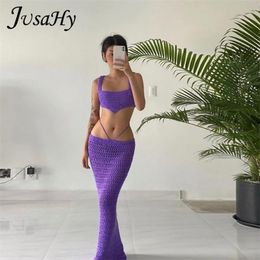 Two Piece Dress JuSaHy Elegant Knitted Autumn Two Pieces Sets for Women Sleeveless Square Neck Crop TopMaxi Skirts Matching Outfits Streetwear 220924