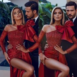 Dark 2023 Red Designer Evening Dresses Long Sleeves Crystals Beaded Satin High Split Ruffles Bow Sequins Prom Gown Formal Wear Custom Made Vestidos