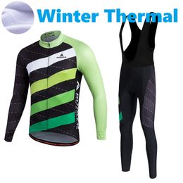 2023 Pro Mens Stripes Green Winter Cycling Jersey Set Long Sleeve Mountain Bike Cycling Clothing Breathable MTB Bicycle Clothes Wear Suit B35