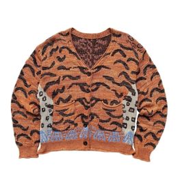 Mens Sweaters SEVEYFAN Mens Sweaters Hip Hop Vintage Tiger Printed Pullover Loose VNeck Orange Knitting Streetwear 220923