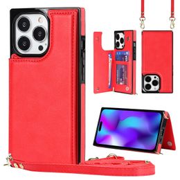 PU Leather Card Holder Flip Stand Wallet Cases For iPhone 14 Pro Max 13 12 11 XR XS X 8 7 Plus Shockproof Cards Slots Cover for Women with Crossbody Shoulder Strap Lanyard