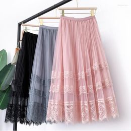 Skirts 2022 Arrival Women Spring Summer Skirt WF0068 High Wasit A Line Lace Tulle Long Black Pink Grey Pleated