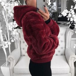 Women's Fur Faux DIHOPE Women Coat With Hood High Waist Fashion Slim Black Red Pink Jacket Fake Rabbit Coats 220923