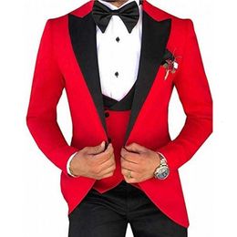 Men's Suits Blazers 3PCS Red Men Suits Slim Fit Groom Tuxedos Wedding Suit For Men 2020 Groomsman Work Wear Mens Blazer Jacket Ropa De Hombre