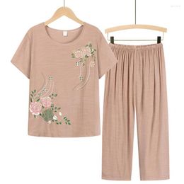 Women's Two Piece Pants Simple T-shirt Short Sleeve Summer Floral Print Homewear Outfit Breathable Women Set For Leisure Time