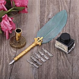 Fountain Pens Vintage Feather Quill Dip Pen Fountain Pens With Ink 5 Nibs Set Stationery Gift 220923