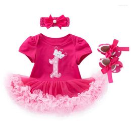 Girl Dresses Baby Rose Party Clothes Toddler Summer Short Sleeve Romper Bodysuits Skirt Outfits 3Pieces Set Headband Shoe