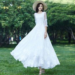 Party Dresses Summer Women White Lace Dress Evening Korean Fashion Half Sleeve V-Neck Elegant Vintage Long Maxi DressParty