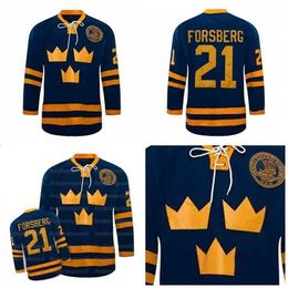 Gla Mit #21 Peter Forsberg Jersey Team SWEDEN Ice Hockey Jerseys embroidered 100% Stithed Blue Custom Your Name & Number