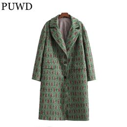 Women's Wool Blends PUWD Vintage Women Loose Button V Neck Coat Spring Fashion Ladies Green Pockets Casual Long Jackets Female Chic Outwear 220924