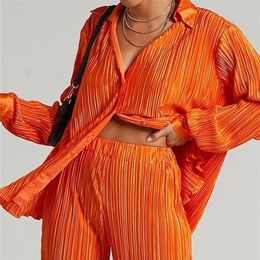 Women's Two Piece Pants Pleated Women's Shirt Trousers Two Piece Sets Elegant Long Sleeve Shirts And High Waist Wide Leg Pants Suit Woman Office Outfits 220922