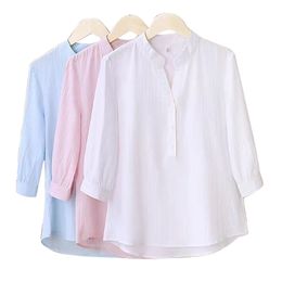 Women's Blouses Shirts Insta Half Sleeve Elegant Shirt White Pink Button Vintage Blouse Stand Collar Ladies Cotton Shirt Female Casual S3XL 220923