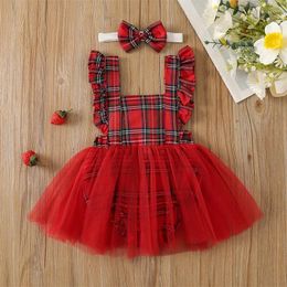 Girl Dresses Baby Mesh Red Dress Summer Casual Plaid Harness Skirt With Turban Sleeve Jumpsuit Headband Set For Toddlers