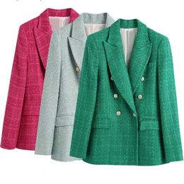 Women's Suits Blazers BlingBlingee Spring Women Traf Jacket Ornate Button Tweed Woollen Coats Female Casual Thick Green Blazers Blue Outerwear 220924